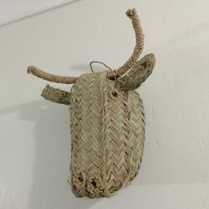 Handcrafted Bull Head Wall Decor | Boho Palm Leaf Animal Nursery Art