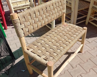 Handgemaakte houten bank Boho Marokkaanse citroenhouten zitting met palmbladkoord