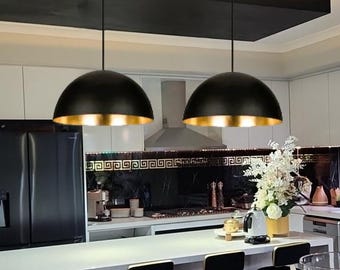 Set of 2 Black Brass Dome Pendant Lights: Farmhouse Kitchen Lighting