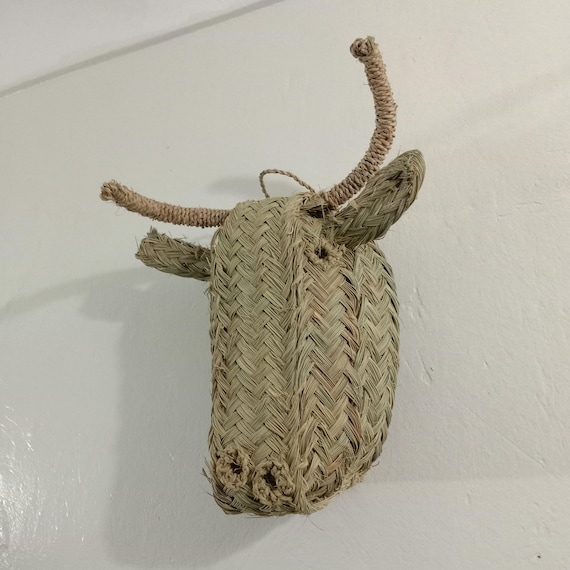 Handcrafted Bull Head Wall Decor | Boho Palm Leaf Animal Nursery Art