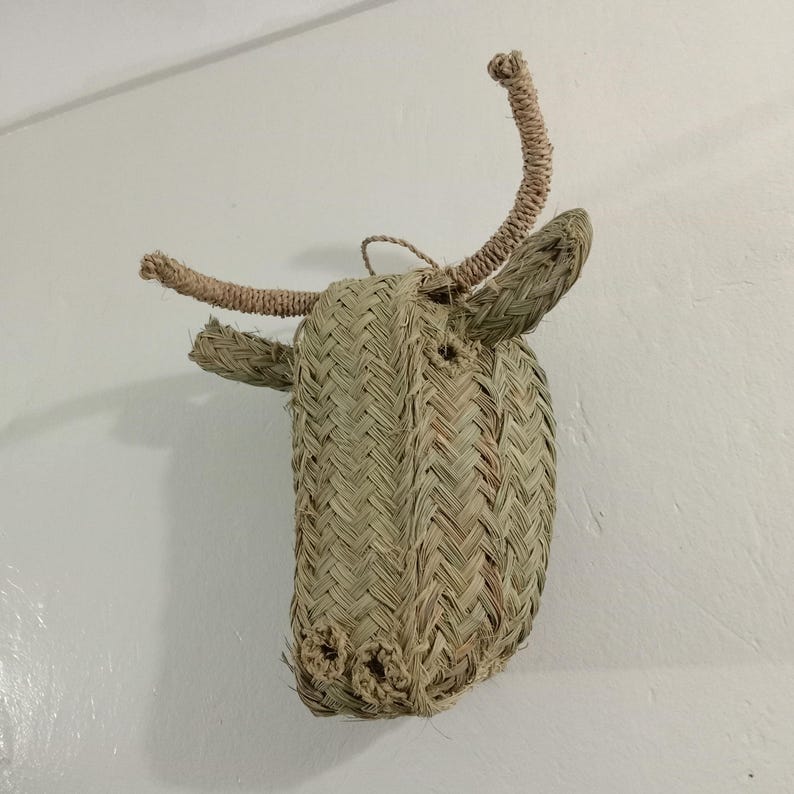 BULL Head Wall Art Boho Rotin Tenture murale, Natural Halfa Grass Animal Head, Nursery Decor, Unique Gift for Rustic Home