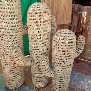 May include: Three woven cactus sculptures made from natural materials. The sculptures are of different sizes and are arranged in a row. The largest sculpture is in the centre and the smallest is on the right.