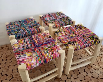 Handmade Moroccan Boucherouite Stool Beldi Wood Footrest - Tabouret en Bois et Boucherouit