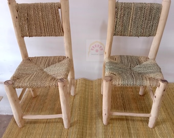 Silla infantil artesanal de madera de limero y cordón de hoja de palma - Sillas de madera hechas a mano para niños de estilo rústico boho
