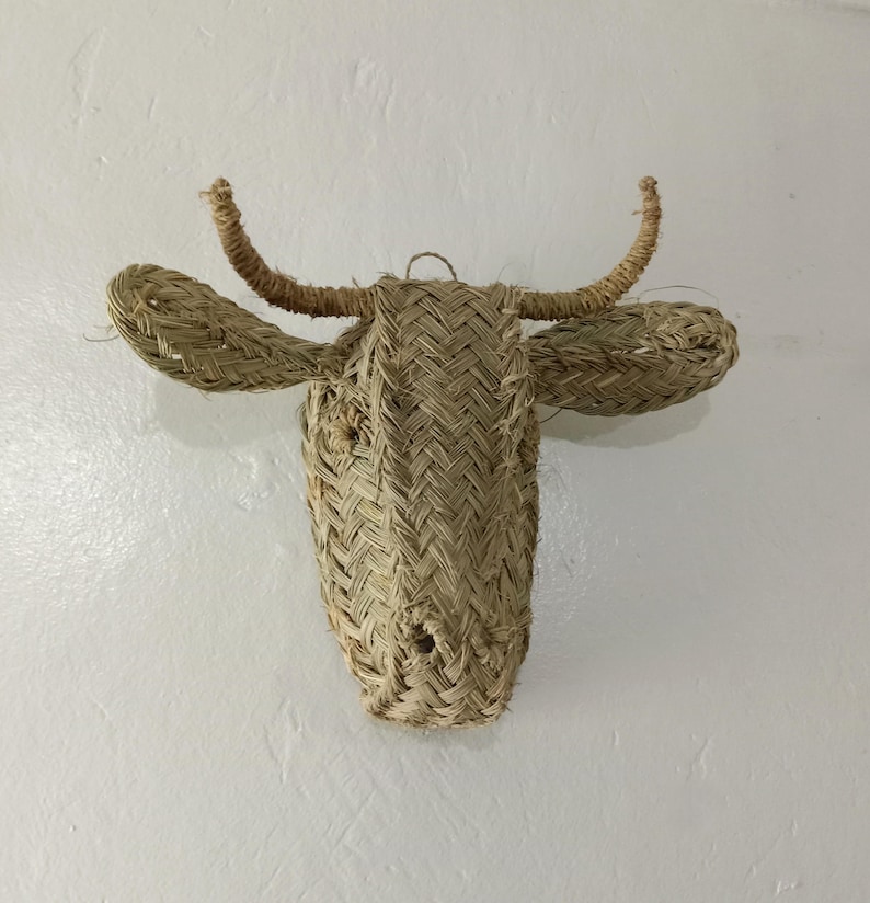 BULL Head Wall Art Boho Rotin Tenture murale, Natural Halfa Grass Animal Head, Nursery Decor, Unique Gift for Rustic Home