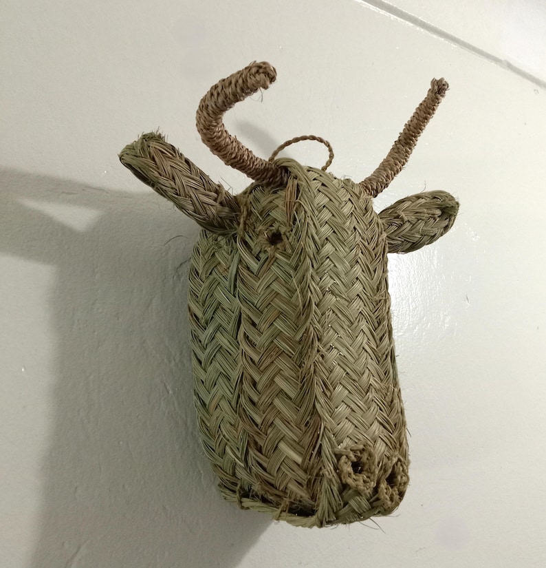 BULL Head Wall Art Boho Rotin Tenture murale, Natural Halfa Grass Animal Head, Nursery Decor, Unique Gift for Rustic Home