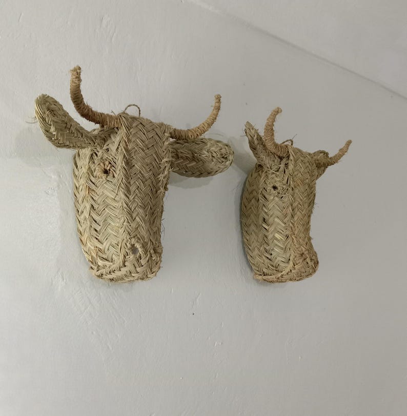 BULL Head Wall Art Boho Rotin Tenture murale, Natural Halfa Grass Animal Head, Nursery Decor, Unique Gift for Rustic Home