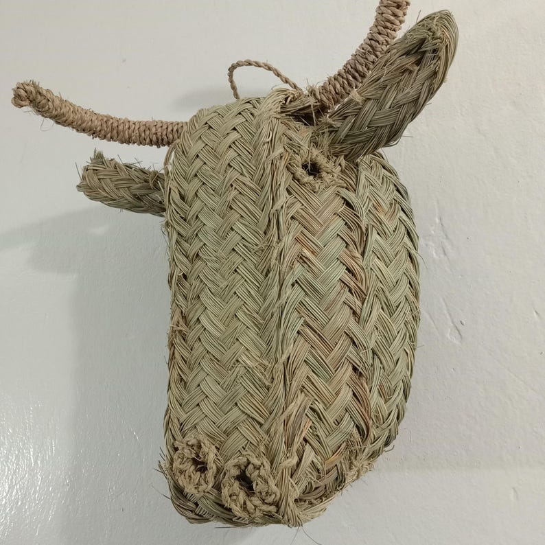 BULL Head Wall Art Boho Rotin Tenture murale, Natural Halfa Grass Animal Head, Nursery Decor, Unique Gift for Rustic Home