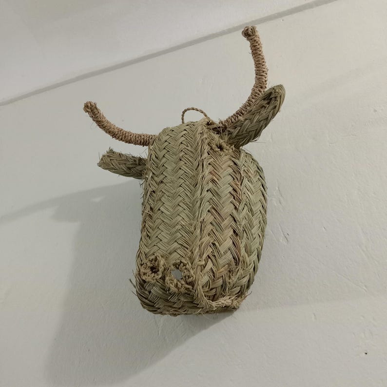 BULL Head Wall Art Boho Rotin Tenture murale, Natural Halfa Grass Animal Head, Nursery Decor, Unique Gift for Rustic Home
