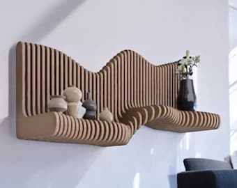 Zwevende plank wandmontage, walnoot hangende zwevende planken, wandplank gebogen, houten eiken planken zonder beugels, golvende boekenplank geometrisch