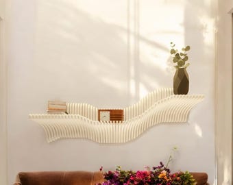 曲線の浮き棚、モダンなウォールナット＆オーク無ブラケットデザイン