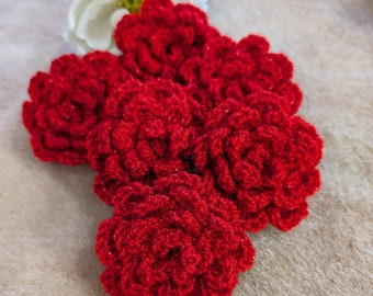 Rosas de flores RED SPARKLE, conjunto de 6 apliques de ganchillo, adornos, ropa, accesorios para el cabello, diarios y más