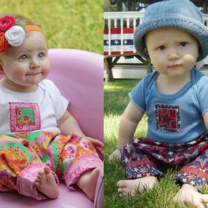May include: Two babies wearing colorful clothing. The baby on the left is wearing a white shirt with a floral patch, pink and orange floral pants, and a headband with orange and white flowers. The baby on the right is wearing a blue shirt with a star patch, red, white, and blue star patterned pants, and a blue denim hat.