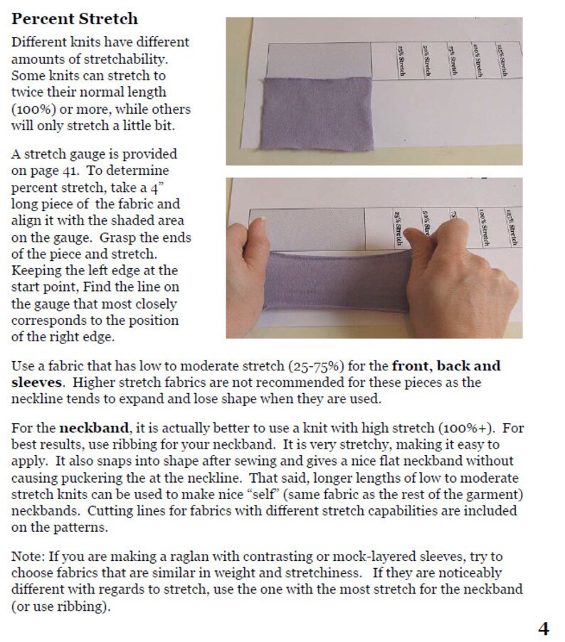 May include: A close-up of a fabric swatch being stretched to demonstrate its elasticity. The fabric is a light purple colour and is being stretched to show the percentage of stretch. The text "Percent Stretch" is visible at the top of the image.