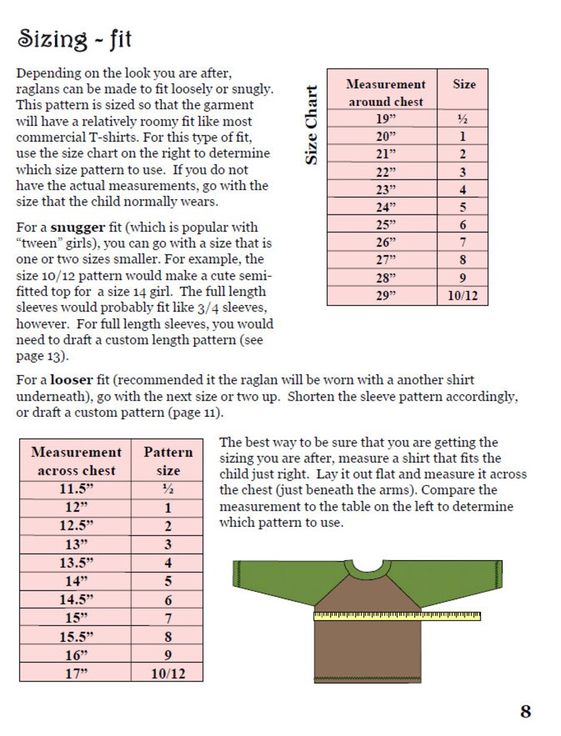 May include: A chart showing how to measure a child's chest for sizing a raglan shirt pattern. The chart includes measurements in inches and corresponding sizes. An illustration shows how to measure a child's chest for the pattern.