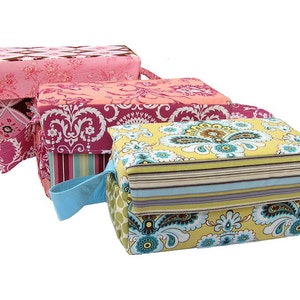 Puede incluir: Tres cajas de almacenamiento de tela con diferentes patrones florales. Las cajas son de color rosa, melocotón y amarillo con acentos azules y marrones. Las cajas tienen asas azules.