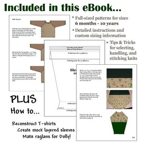May include: A digital eBook cover with a green and white patterned design. The cover includes instructions for knitting and sewing, with a focus on creating raglan sleeves for dolls. The text on the cover reads "Included in this eBook... Full-sized patterns for sizes 6 months - 10 years Detailed instructions and custom sizing information Tips & Tricks for selecting, handling, and stitching knits PLUS How to... Reconstruct T-shirts Create mock layered sleeves Make raglans for Dolly!"
