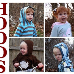 May include: Four children wearing different hooded sweatshirts. The sweatshirts are striped, pink, brown, and blue with a penguin design. The word "HOODS" is written in large red letters on the left side of the image.