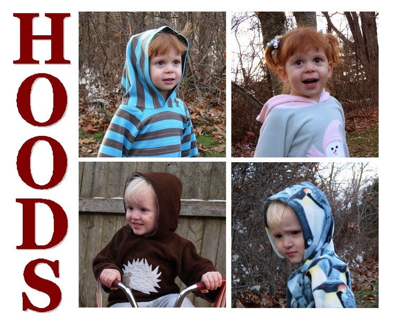 May include: Four children wearing different hooded sweatshirts. The sweatshirts are striped, pink, brown, and blue with a penguin design. The word "HOODS" is written in large red letters on the left side of the image.