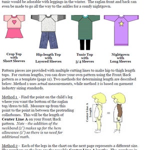 May include: Diagram showing different lengths for a raglan top, including crop top, hip-length top, tunic top, and nightgown. The diagram includes illustrations of each style and instructions for measuring the length of the garment.