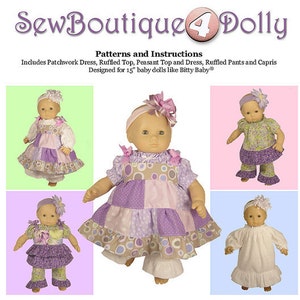 Puede incluir: Patrones e instrucciones de SewBoutique 4 Dolly para hacer ropa para muñecas de 38 cm. La imagen muestra cuatro muñecas con diferentes atuendos, incluyendo un vestido de patchwork, una blusa con volantes, una blusa y un vestido campesino, pantalones con volantes y capris.