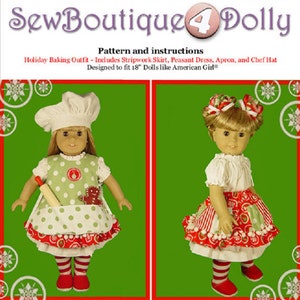 May include: Two 18-inch dolls wearing holiday baking outfits. The doll on the left is wearing a green and white polka dot apron with a chef's hat, a rolling pin, and a gingerbread cookie. The doll on the right is wearing a red and white striped skirt with a white peasant top and a red and white bow in her hair.  The dolls are standing on a green background with snowflakes.