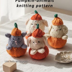 May include: Four knitted animal figures, each wearing a small orange pumpkin hat and sitting inside a larger orange pumpkin base. The text 'Pumpkin-animals knitting pattern' and 'Lilia Paliy (@lilia.paliy)' is visible on the image.