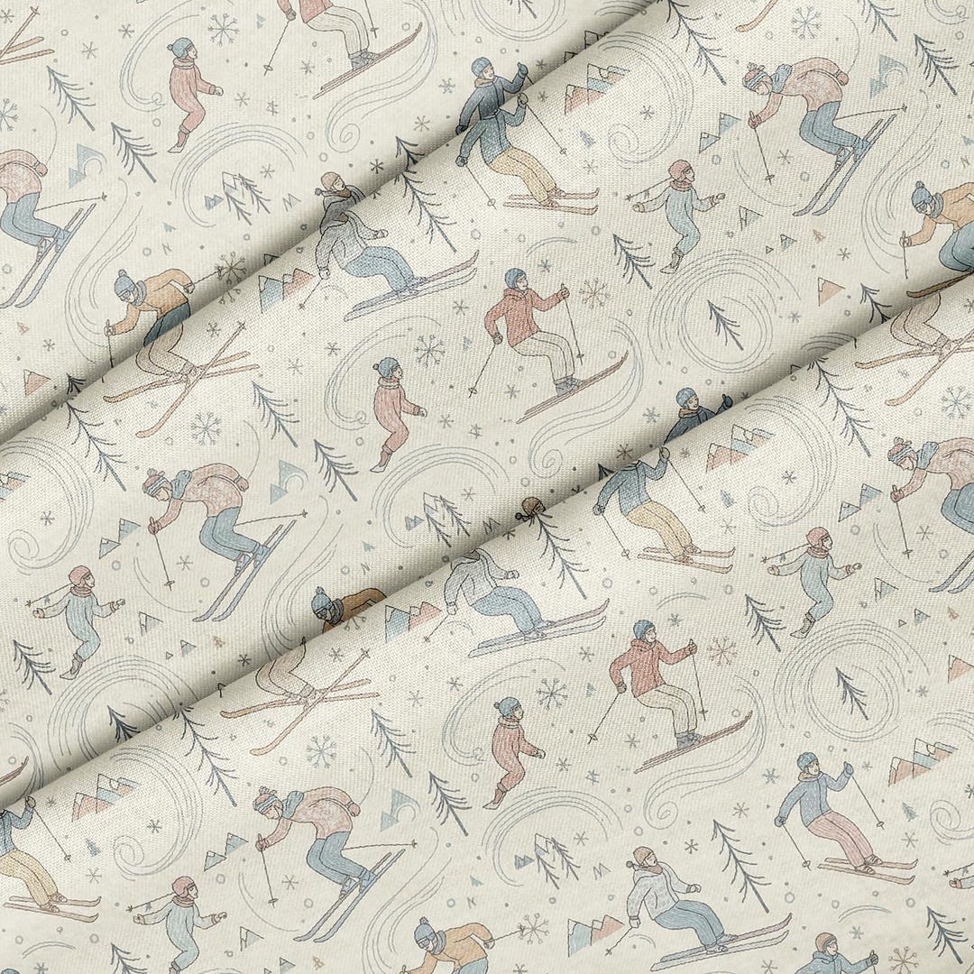 Skiving Patterns Charming Hand-drawn Skiers Pattern, Fabric by the Yard, 58 In