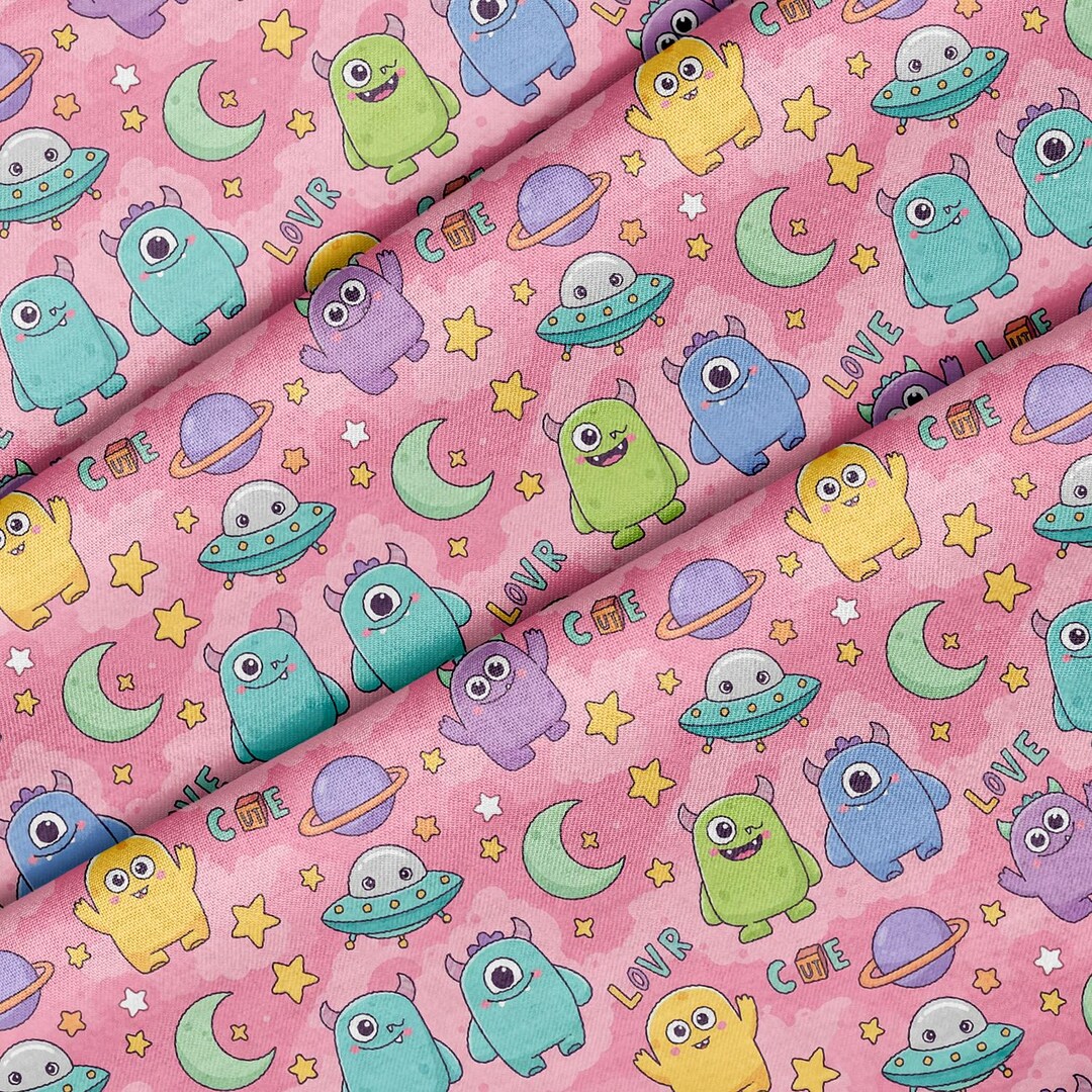 Monsters Planets Ufos Pattern, Fabric by the Yard, 58 In