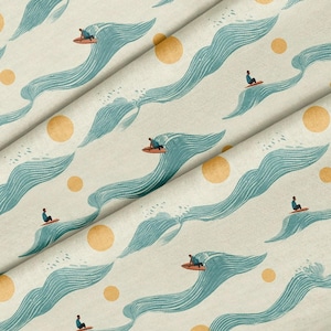 Surfers Riding Waves Pattern, Fabric by the Yard, 58 in" Wide, for Sewing, Crafting, Quilting, DIY Projects, Upholstery