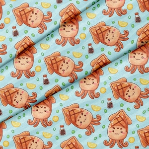 May include: A repeating pattern of cartoon grilled squid with smiling faces, lemon slices, soy sauce bottles, and green dots on a light blue background with white stripes. The squid are brown with a crosshatch design.