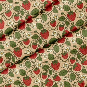 May include: A fabric featuring a repeating pattern of red strawberries, green leaves, and white flowers on a beige background. The design includes winding vines and detailed illustrations, creating a vintage, botanical theme.