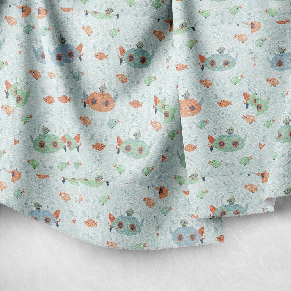 Fish Pattern Material Submarines Friendly Fish Pattern, Fabric by the Yard, 58 In