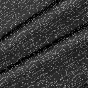 May include: Black fabric with a white mathematical formula pattern. The fabric is covered in equations, symbols, and diagrams, creating a complex and scientific design. The fabric is folded, showing the texture and depth of the material.