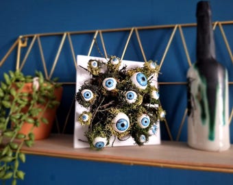 Labyrinth Lichen Eyes Sculpture In Frame - Moveable Mossy Eyes - Come Inside Have a Nice Cuppa Tea!