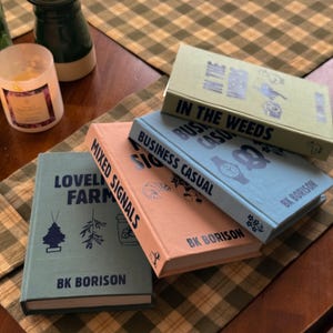 Può includere: Quattro libri con copertina rigida con titoli e illustrazioni uniche sono disposti su una tovaglia a quadri. I titoli includono "Lovely Farm", "Mixed Signals", "Business Casual" e "In the Weeds". Ogni libro ha il nome dell'autore, "BK Borison".
