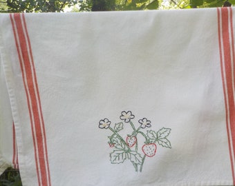 Hand embroidered strawberry plant tea towel