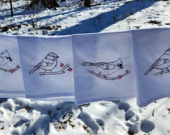 Set of Four Tufted Titmouse and Black-capped Chickadee Cloth Napkins-hand embroidered
