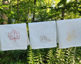 4 Hand Embroidered Fall Leaf Cloth Napkins