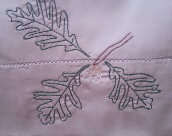 Hand embroidered fall oak leaves and acorn pillowcase