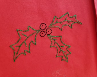 4 Red Hand Embroidered Holly leaves and berries Christmas Cloth Napkins