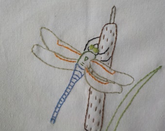 Hand embroidered dragonfly on cattail tea towel