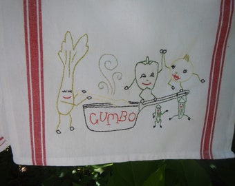 Hand Embroidered Gumbo Tea Towel