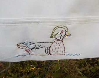 Hand embroidered wood duck standard pillowcase