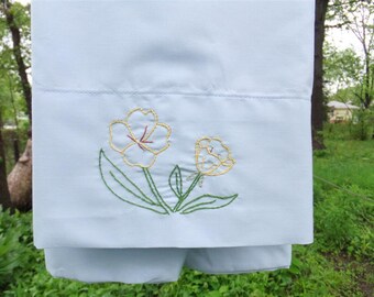 hand embroidered Evening Primrose spring wildflower pillowcase