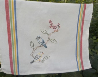 Hand Embroidered Woodland Backyard Birds tea towel