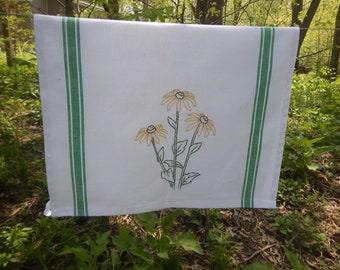 Hand embroidered Brown-eyed Susan wildflower tea towel