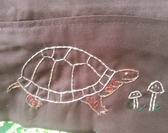 Hand embroidered box turtle and mushroom standard pillowcase