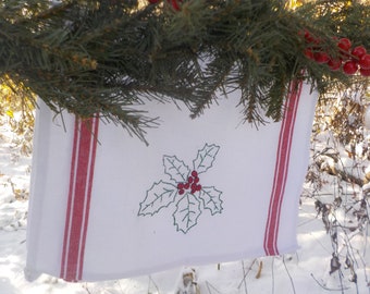 Hand Embroidered Christmas Holly Tea Towel