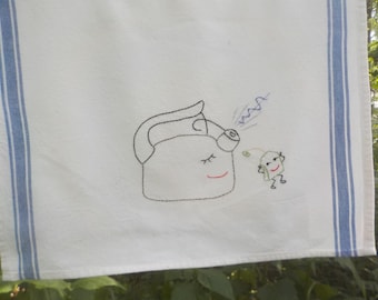 Hand embroidered singing tea kettle and tea bag tea towel